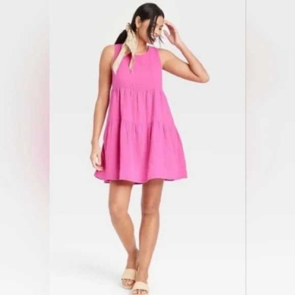 Universal Thread Tiered Gauze Swing Mini Dress - Pink - L